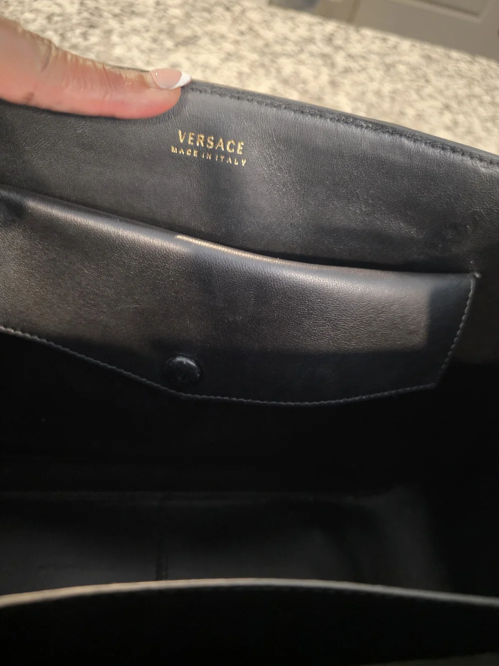 Versace Black Leather Satchel with Gold V Leaf Emblem